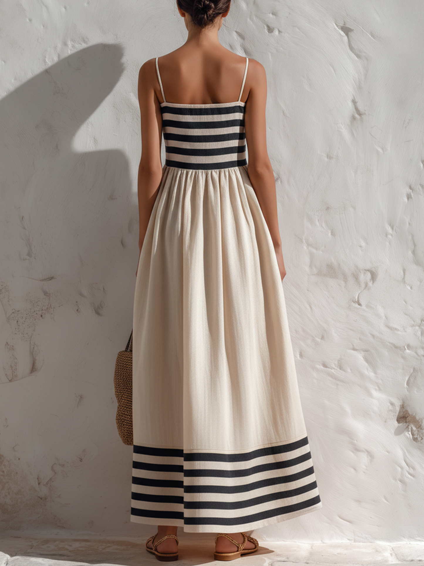 Ortensia | Vestido largo de rayas negras y beige con tirantes finos