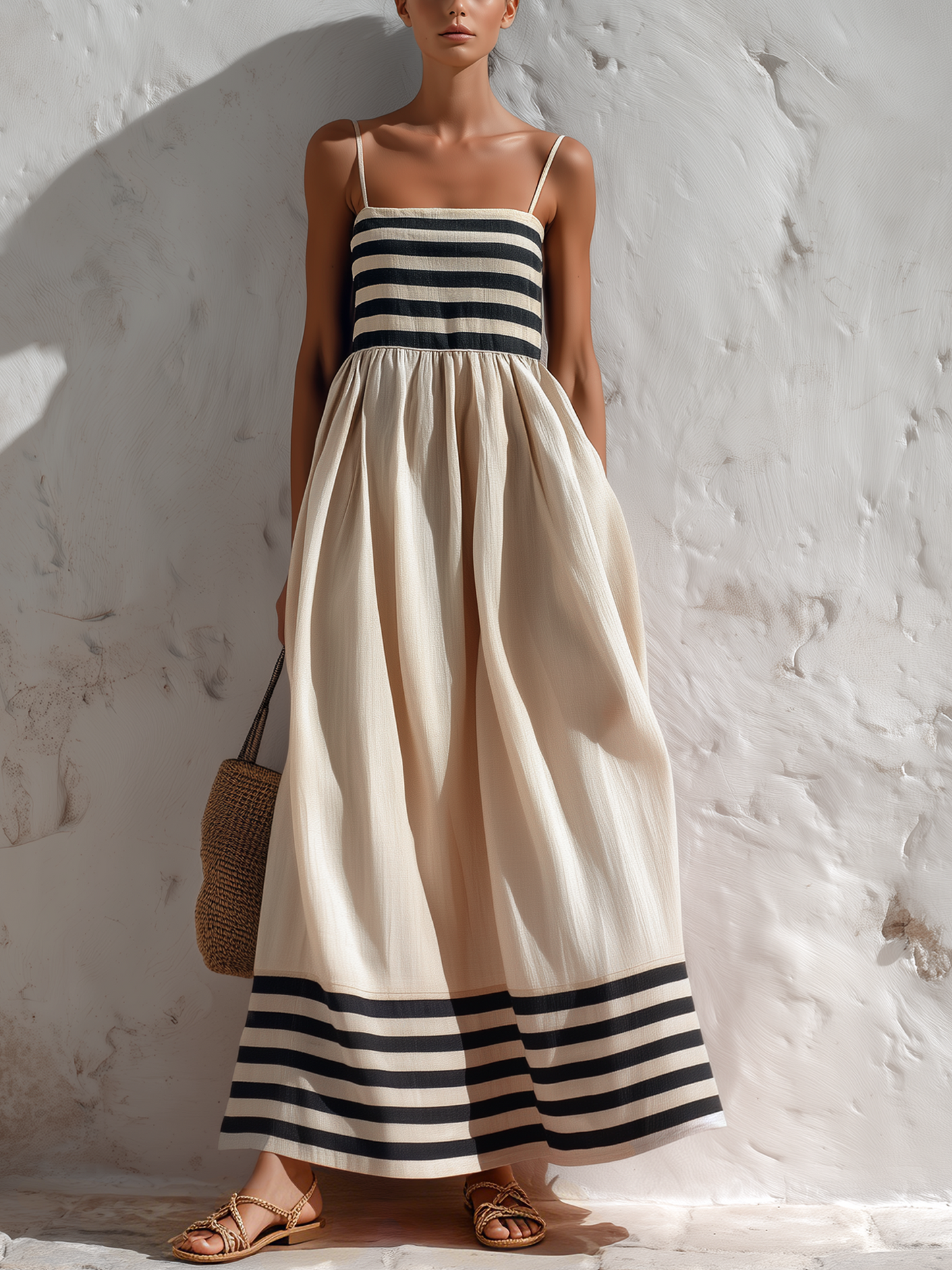 Ortensia | Vestido largo de rayas negras y beige con tirantes finos