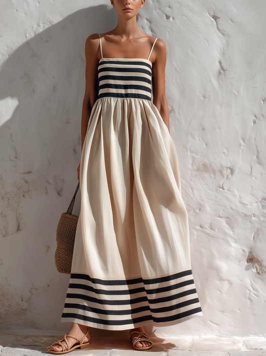 Ortensia | Vestido largo de rayas negras y beige con tirantes finos