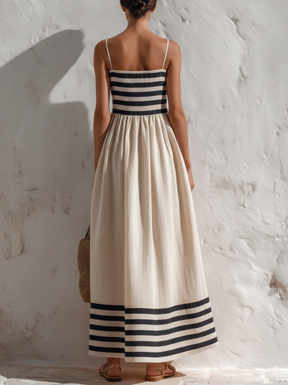 Ortensia | Vestido largo de rayas negras y beige con tirantes finos