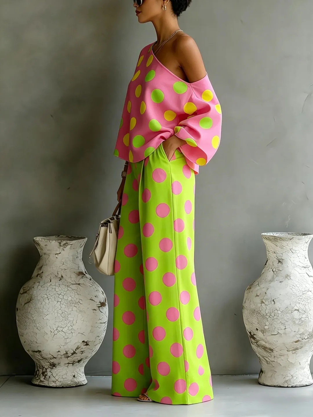 Rosalia | Conjunto de dos piezas con blusa de hombros descubiertos con lunares de colores y pantalones de pierna ancha