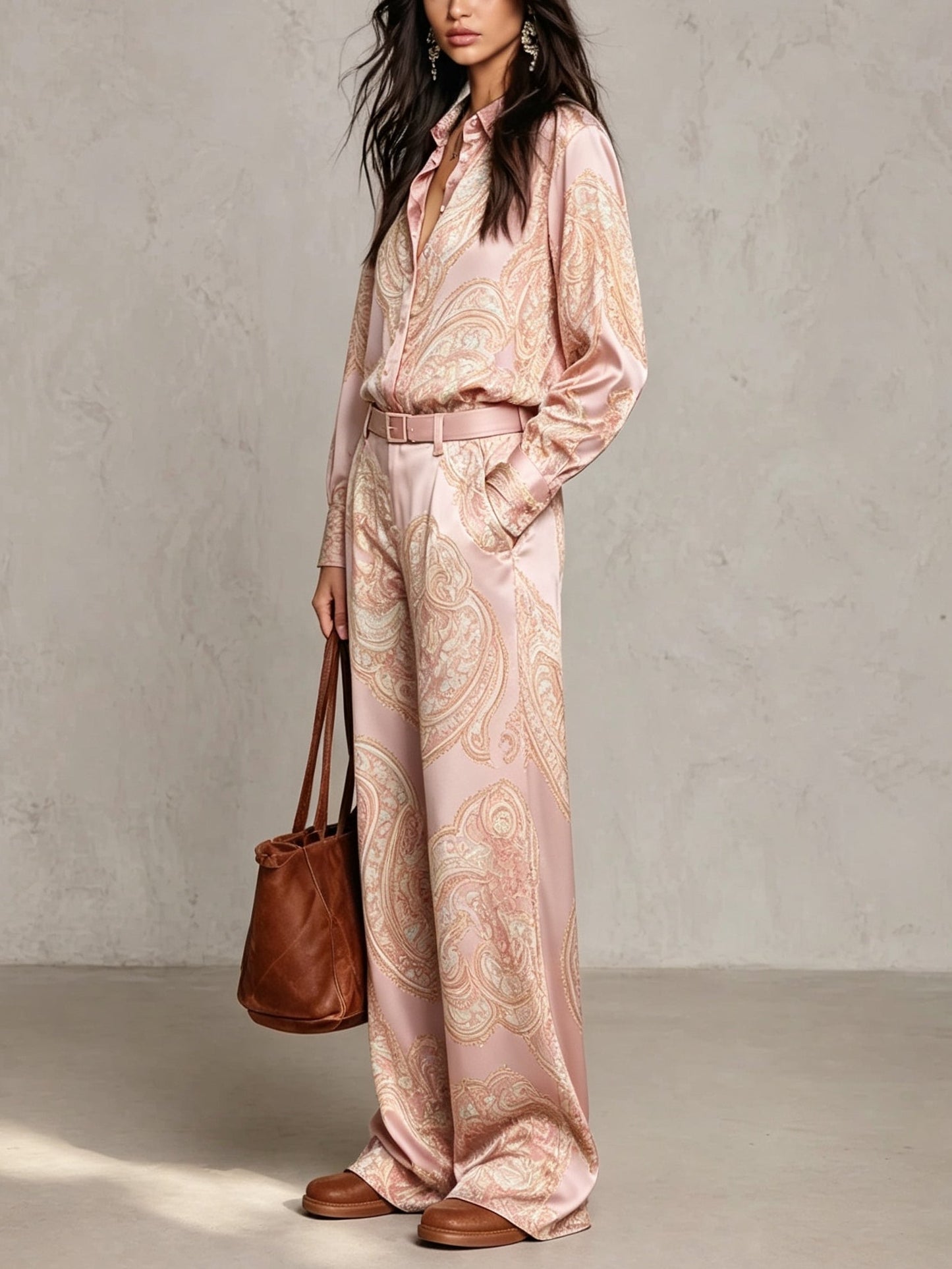 Conjunto de camisa satinada estampada y pantalón de pierna ancha.