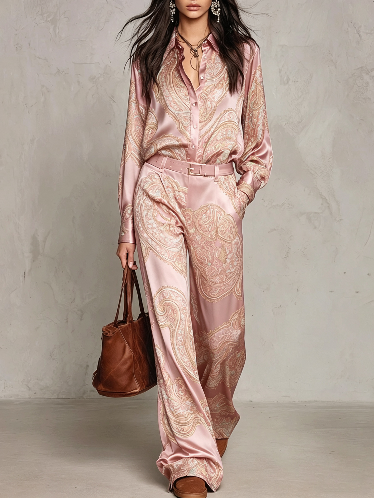 Conjunto de camisa satinada estampada y pantalón de pierna ancha.