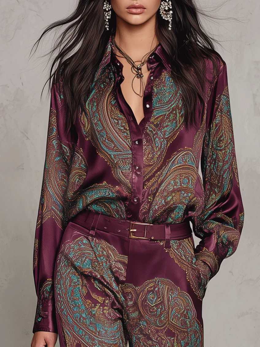 Conjunto de camisa satinada estampada y pantalón de pierna ancha.
